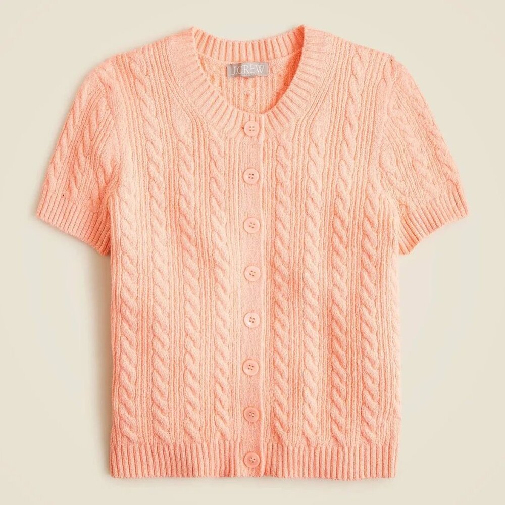 NWT J. Crew Cable-Knit Short Sleeve Cardigan Top, Peach, Small